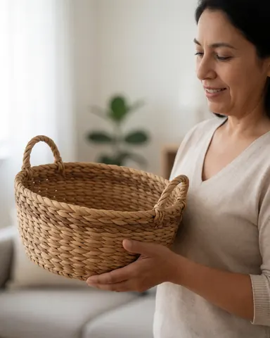 Une femme souriante tient un panier en fibres naturelles dans une pièce lumineuse avec une plante verte en arrière-plan.