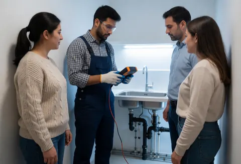 Un plombier en gants examine les canalisations sous un évier pendant que des clients observent attentivement la prestation de service.