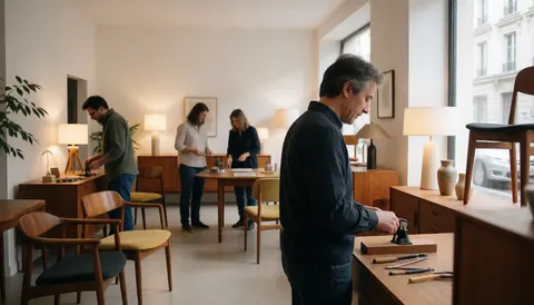 Quatre personnes manipulant des meubles et des outils de menuiserie dans un magasin moderne.