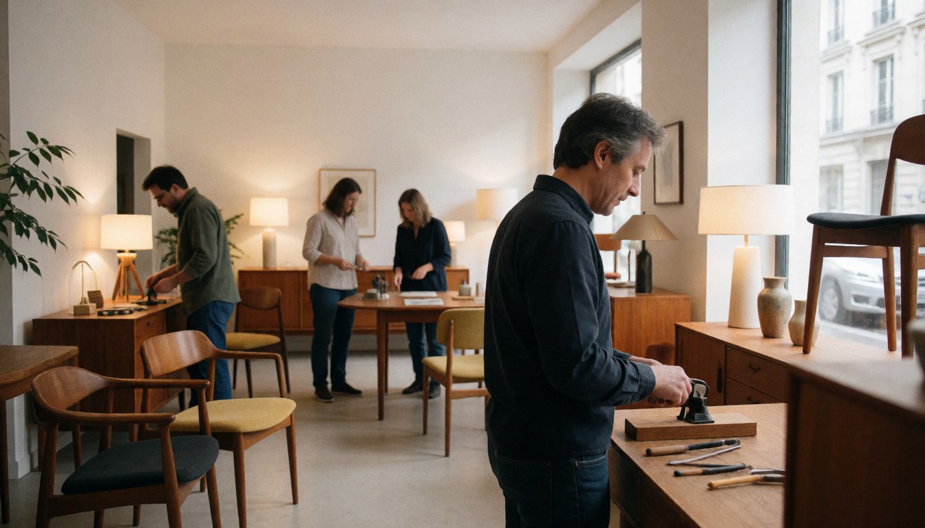 Quatre personnes manipulant des meubles et des outils de menuiserie dans un magasin moderne.