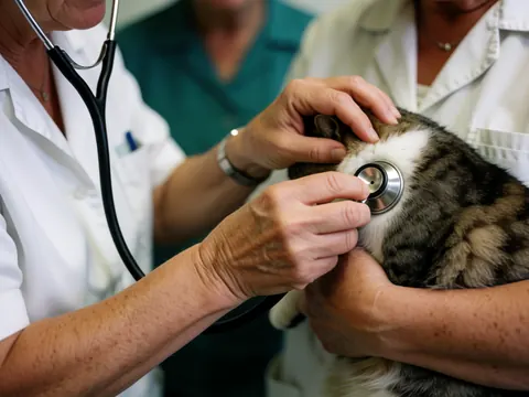 Une vétérinaire examine un chat à l'aide d'un stéthoscope tandis qu'une autre personne maintient l'animal.