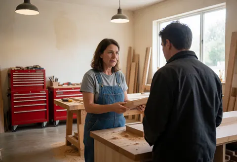 Une menuisière montre un échantillon de bois à un client attentif dans son atelier.