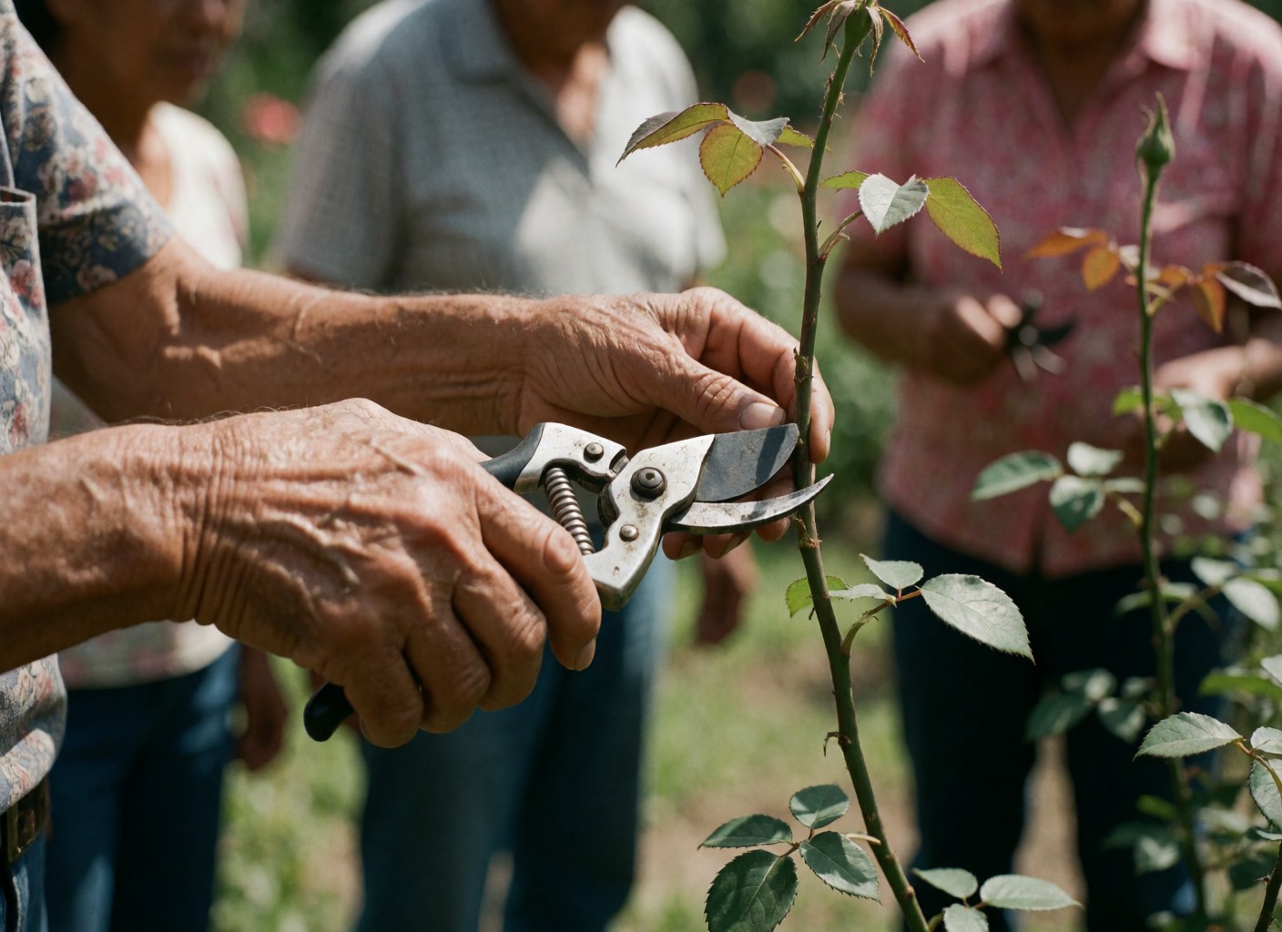 Gros plan de mains adultes utilisant des ciseaux de jardinage pour tailler une tige de rose dans un jardin extérieur.