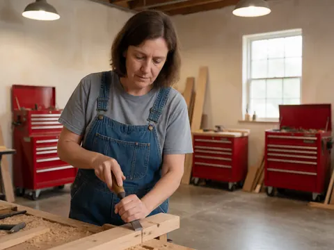 Une femme portant un tablier bleu taille du bois avec un ciseau à bois dans un atelier rempli d'outils rouges.