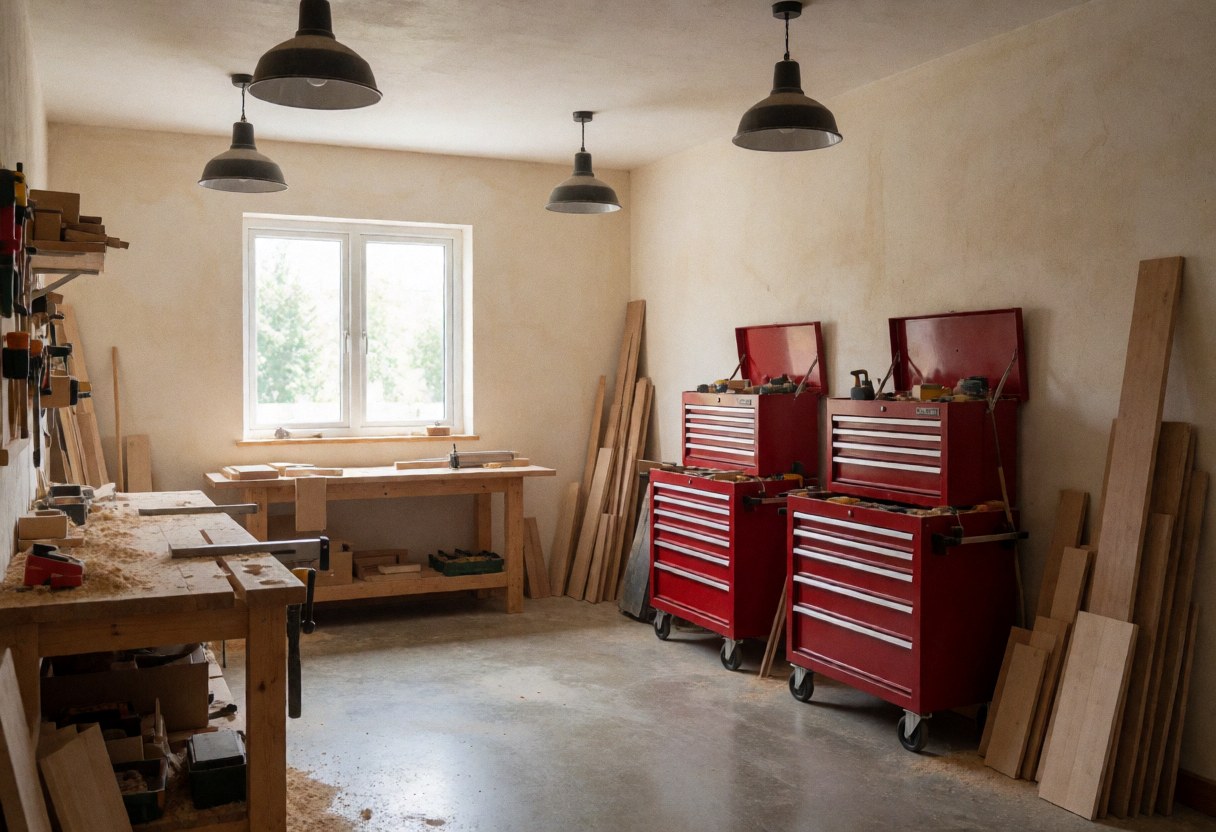 Atelier de menuiserie avec tables de travail, caisses à outils rouges et planches de bois empilées près d'une fenêtre laissant entrer la lumière.