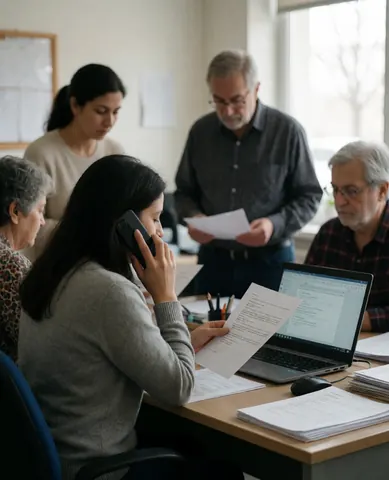 Une femme tient des documents tout en parlant au téléphone dans un bureau avec d'autres employés travaillant autour d'une table équipée d'ordinateurs.