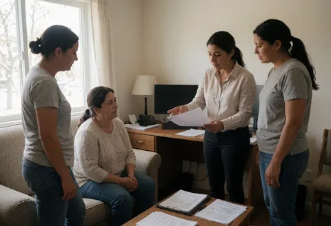 Une comptable montre des documents à une cliente assise dans un bureau pendant que d'autres personnes observent la scène.