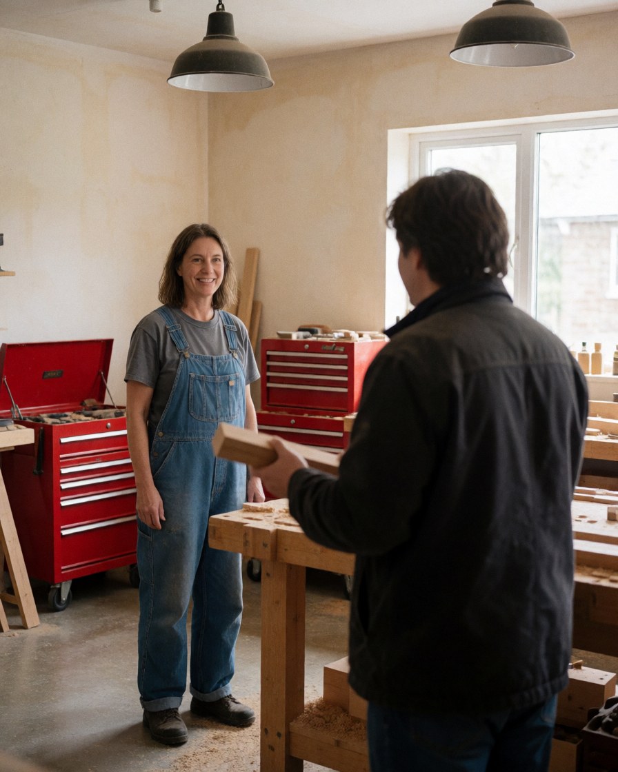 Une cliente souriante reçoit un morceau de bois des mains d'un charpentier dans un atelier rempli d'outils et de boîtes rouges.