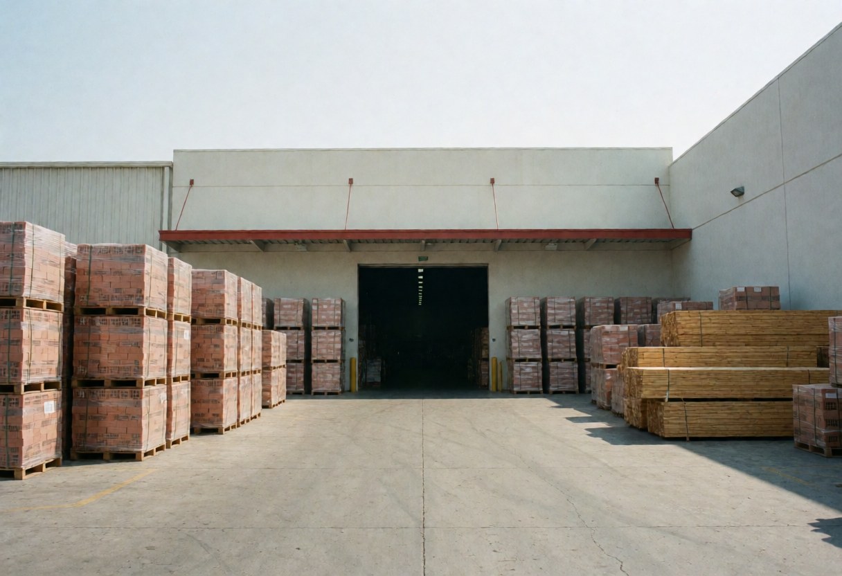 Vue extérieure de l'entrée d'un entrepôt montrant des palets empilés supportant des briques et des poutres en bois, dans un contexte industriel.