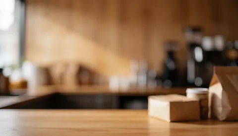 Caisse en bois et sacs posés sur une table en bois dans un café aux murs en bois, offrant un arrière-plan chaleureux et flou.