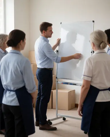 Un psychologue écrit sur un tableau blanc pendant qu'un groupe de personnes observe attentivement dans une salle intérieure.