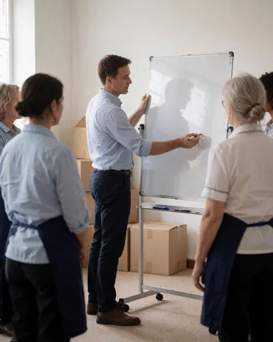 Un psychologue écrit sur un tableau blanc pendant qu'un groupe de personnes observe attentivement dans une salle intérieure.