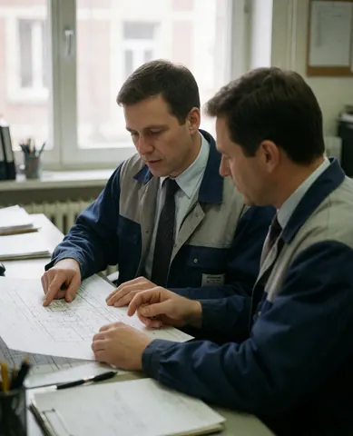 Deux professionnels du secteur électrique analysent ensemble des schémas sur une table en pointant des détails avec leurs doigts.