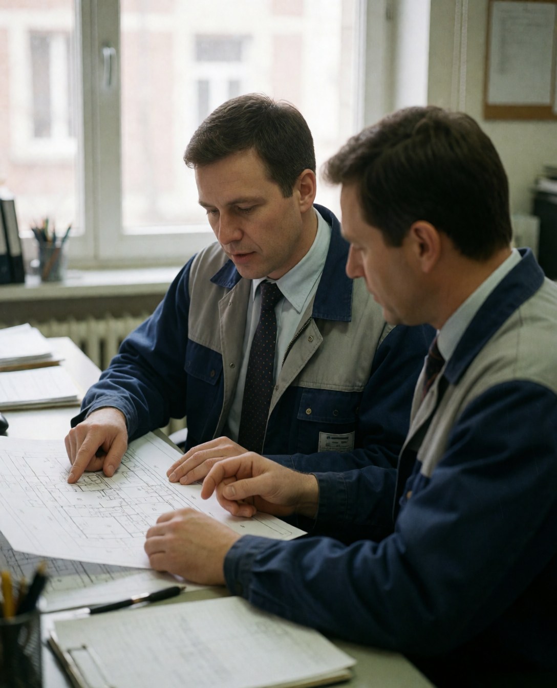 Deux professionnels du secteur électrique analysent ensemble des schémas sur une table en pointant des détails avec leurs doigts.