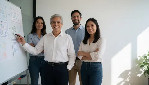 Quatre personnes souriantes en réunion devant un tableau blanc avec des graphiques.