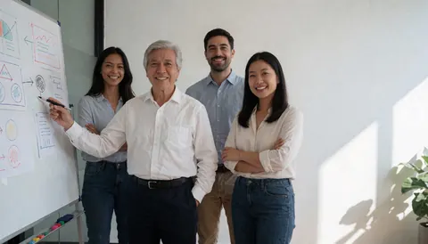 Quatre personnes souriantes en réunion devant un tableau blanc avec des graphiques.