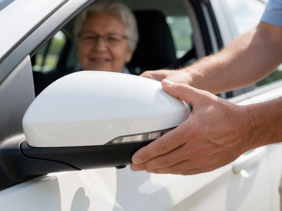 Une main ajuste le rétroviseur d'un véhicule blanc tandis qu'une personne sourit depuis l'intérieur.
