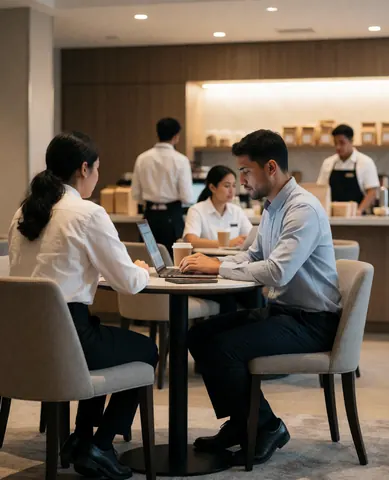Un homme et une femme utilisent des ordinateurs portables à une table d'hôtel, avec du personnel en arrière-plan.