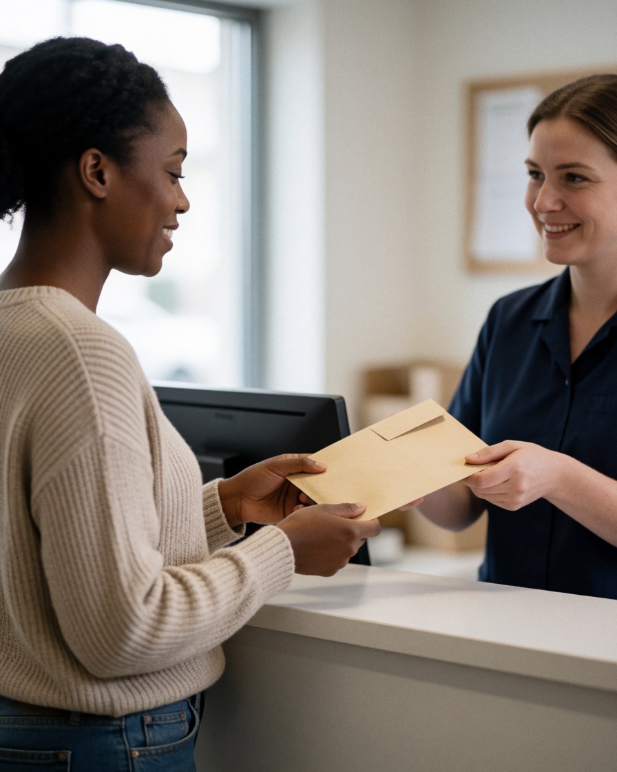 Une cliente reçoit un dossier des mains d'une réceptionniste souriante dans un bureau moderne.