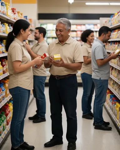 Un client compare des produits avec un employé dans un couloir de minimarket, tous deux sourient en tenant des boîtes.