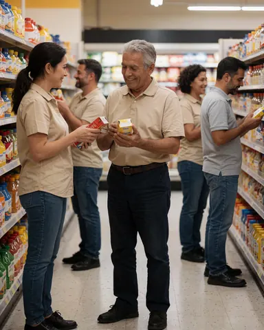 Un client compare des produits avec un employé dans un couloir de minimarket, tous deux sourient en tenant des boîtes.