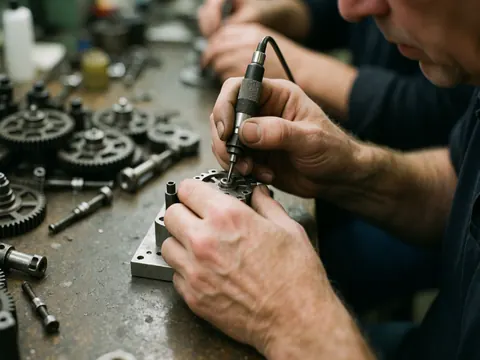 Un mécanicien ajuste une pièce métallique avec un outil électrique dans un atelier rempli d'engrenages et de composants.