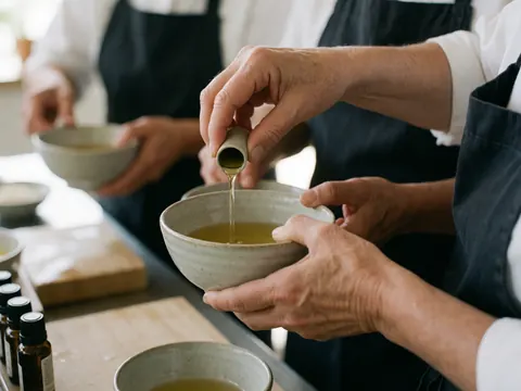 Des mains versent de l'huile dans des tasses en céramique posées sur une table de travail dans un centre de soins ou un spa.