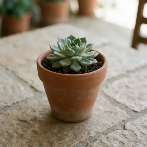 Une petite plante succulente verte posée sur un pot carré en terre cuite marron, lui-même déposé sur une table en pierre claire.