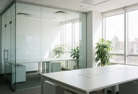 Bureau moderne avec tables blanches, murs blancs et plantes vertes près des fenêtres avec lumière naturelle.