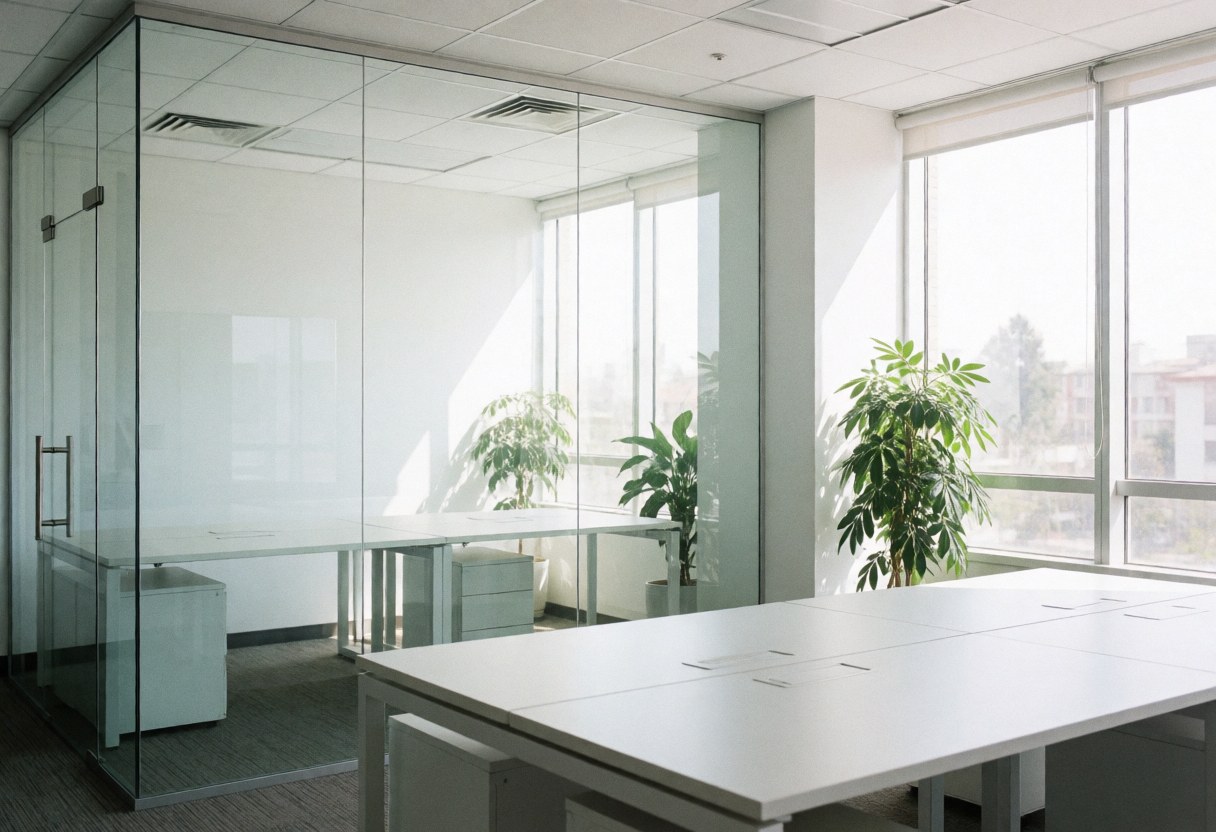 Bureau moderne avec tables blanches, murs blancs et plantes vertes près des fenêtres avec lumière naturelle.