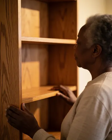 Une femme d'âge mûr observe attentivement une étagère en bois vide dans un intérieur chaleureux et bien éclairé.