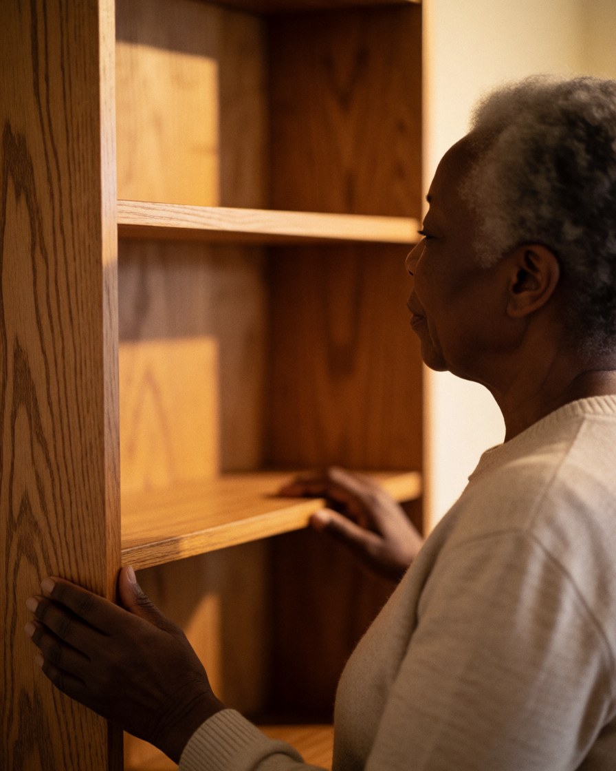 Une femme d'âge mûr observe attentivement une étagère en bois vide dans un intérieur chaleureux et bien éclairé.