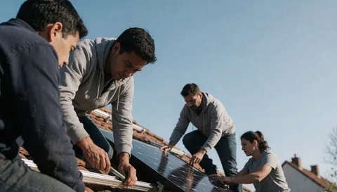 Quatre techniciens posent des panneaux photovoltaïques sur la toiture d'une maison par temps clair.