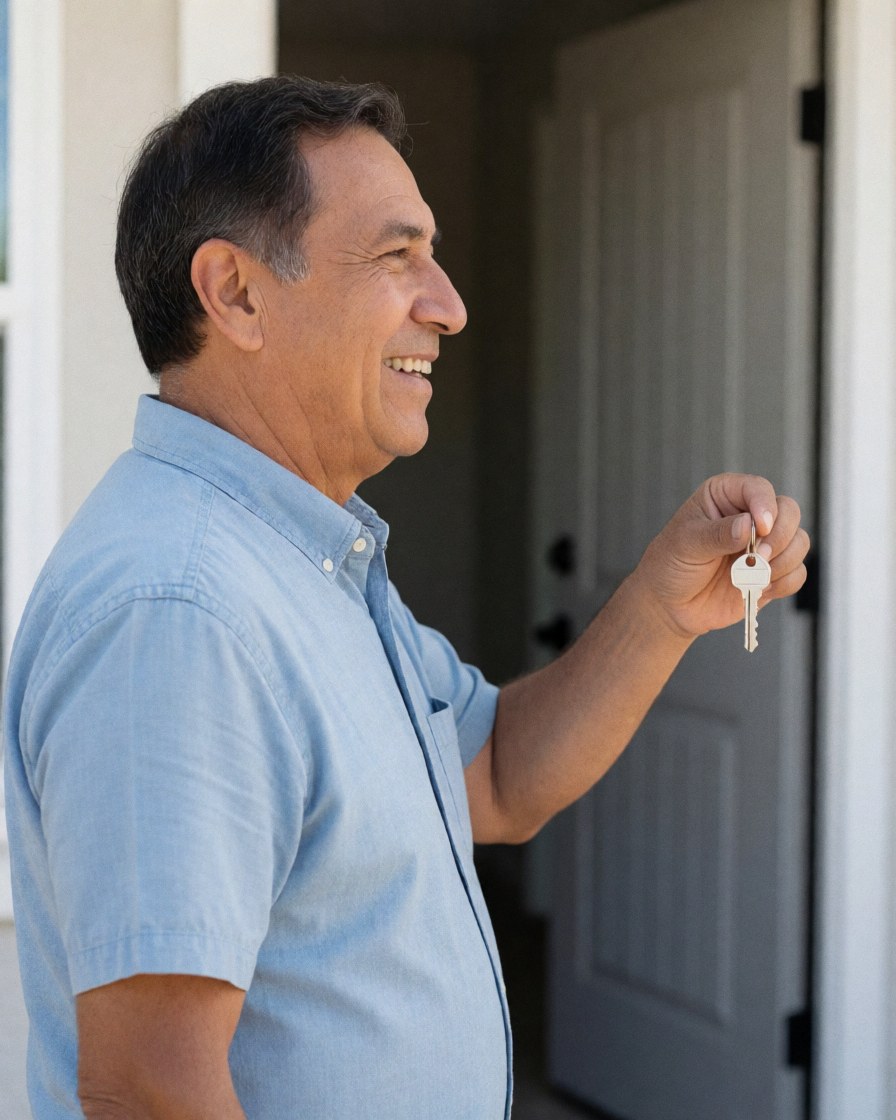 Un homme souriant tient une clé devant la porte d'une nouvelle maison, symbolisant la satisfaction d'un client heureux.