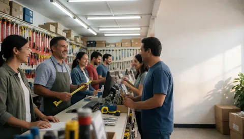 Un employé souriant accueille un client au comptoir d'un magasin de quincaillerie, tandis que d'autres collaborateurs travaillent en arrière-plan.