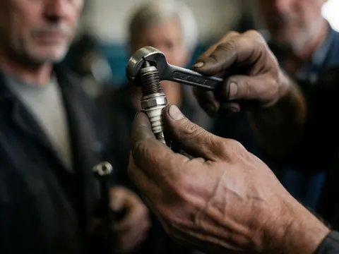 Mains d'un mécanicien utilisant une clé pour ajuster une bougie d'allumage de moteur dans un atelier de réparation automobile.
