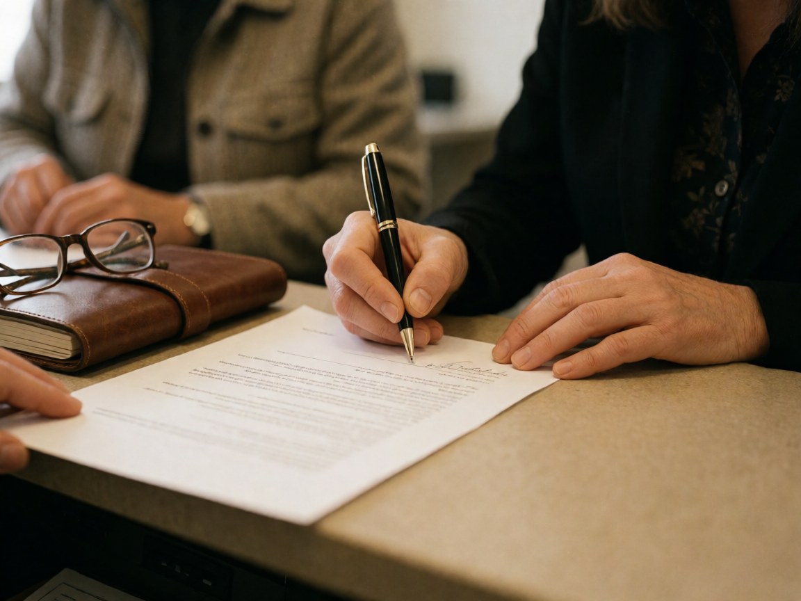 Une personne signe un document avec un stylo sur un bureau tandis qu'une autre observe avec un carnet et des lunettes.