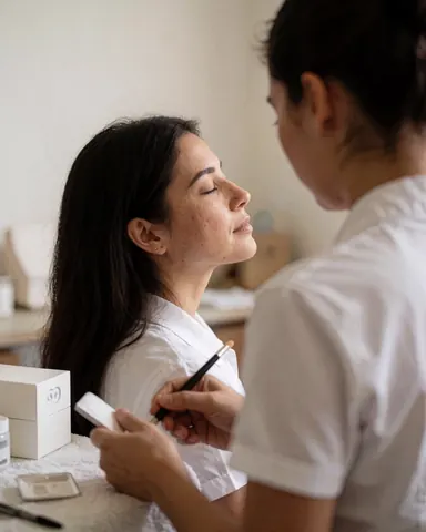 Une femme les yeux fermés profite d'un traitement facial réalisé par une esthéticienne dans un institut de beauté.