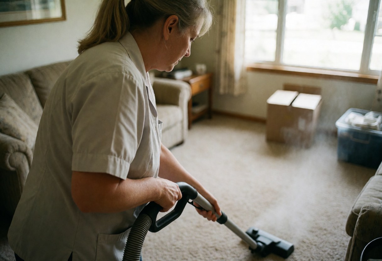Une femme en uniforme utilise un aspirateur pour nettoyer le sol d'une pièce meublée de canapés et contenant des cartons.
