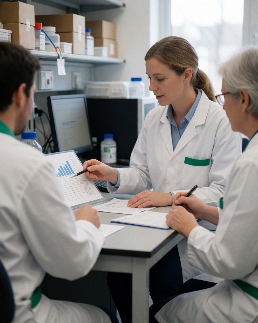 Trois techniciens en blouse blanche analysent des graphiques et des documents sur une table de travail.