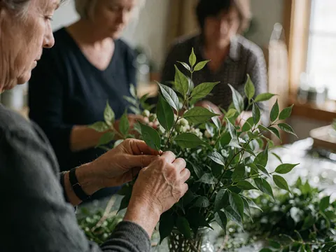 Des mains travaillant avec des branches vertes en floristerie, préparant des arrangements floraux dans un atelier.