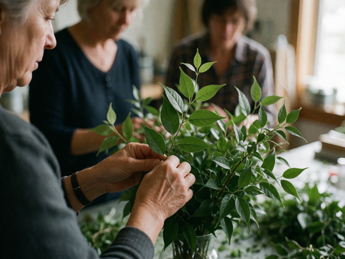 Des mains travaillant avec des branches vertes en floristerie, préparant des arrangements floraux dans un atelier.