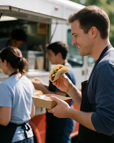 Un homme sourit en tenant un taco fraîchement préparé devant un food truck.