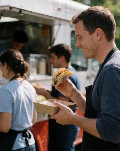 Un homme sourit en tenant un taco fraîchement préparé devant un food truck.