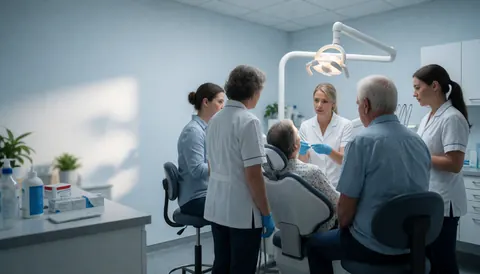 Une équipe dentiale prend soin d'un patient senior sous l'éclairage chirurgical avec des instruments visibles.