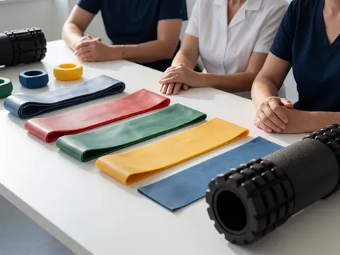 Trois thérapeutes assis autour d'une table avec des bandes élastiques et des rouleaux de massage pour discuter d'un traitement.