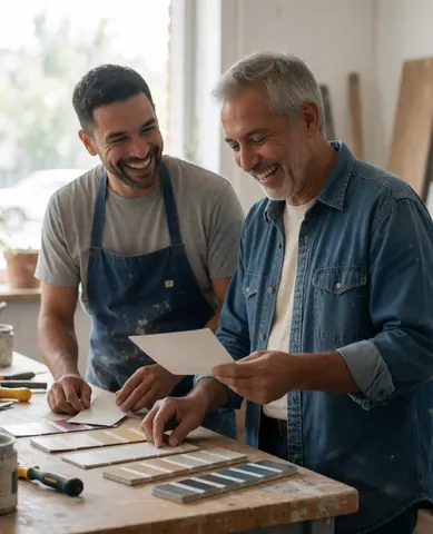 Deux hommes souriants sélectionnant des nuanciers sur une table avec des outils et des spatules dans un intérieur lumineux.