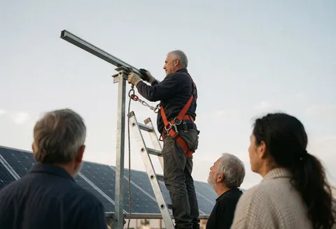 Un technicien en harnais monte une structure métallique pour panneaux solaires sur un toit tandis que trois personnes observent depuis le sol.