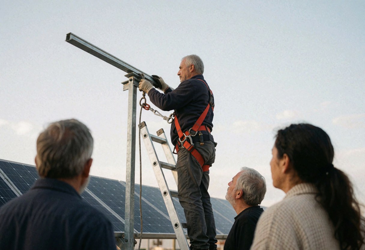 Un technicien en harnais monte une structure métallique pour panneaux solaires sur un toit tandis que trois personnes observent depuis le sol.