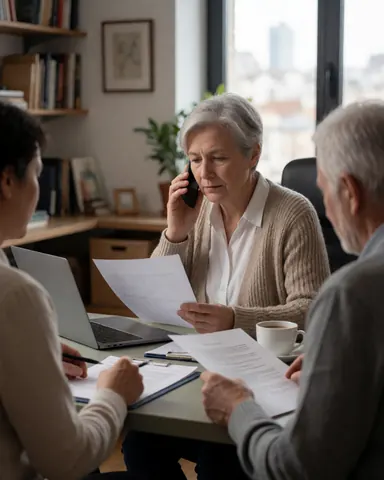 Une femme mature discute au téléphone tout en consultant des papiers lors d'une réunion professionnelle avec deux collègues dans un bureau.